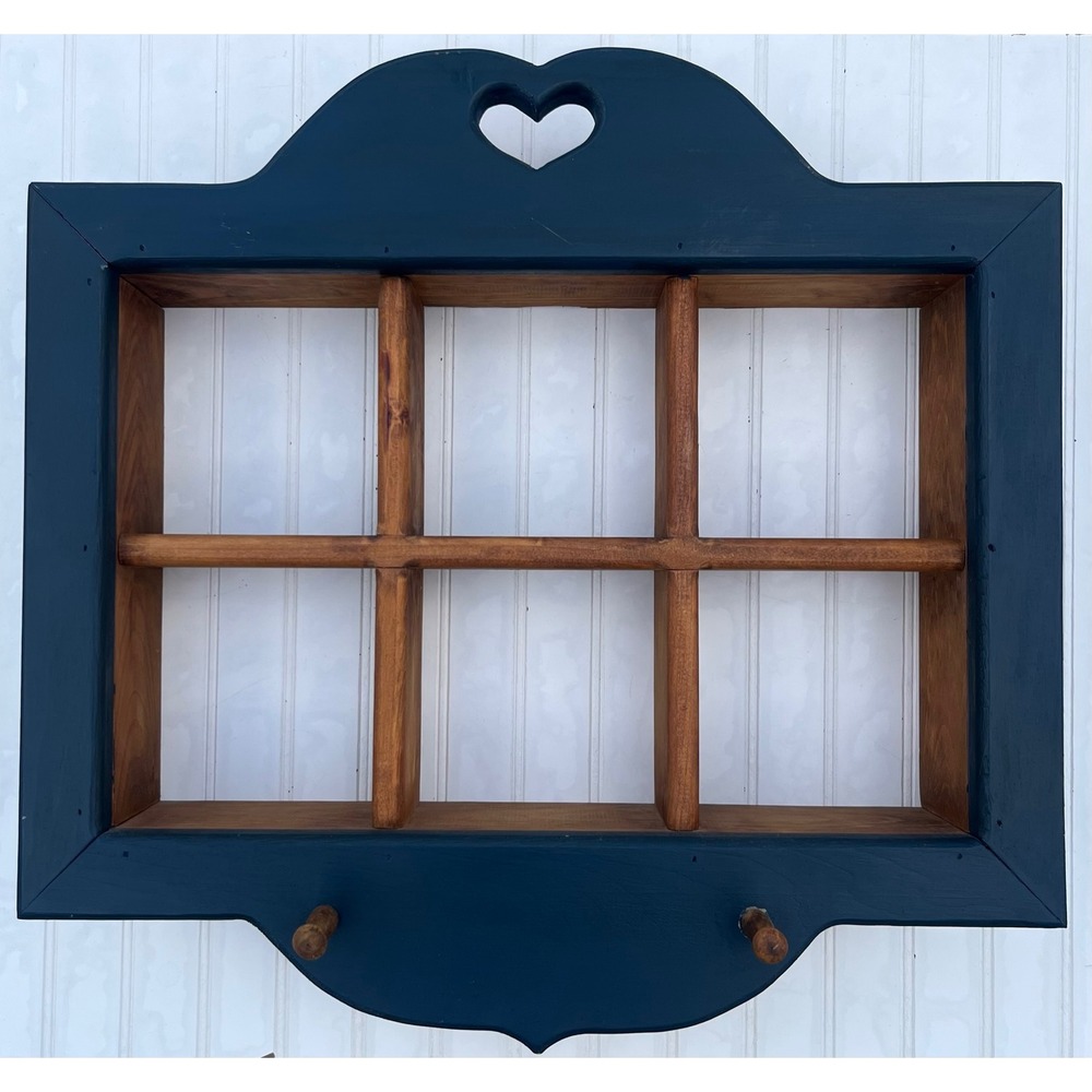 Vintage Wooden Shadow Box Wall Shelf Heart Cutout Navy Blue 6 Cubby 2 Pegs